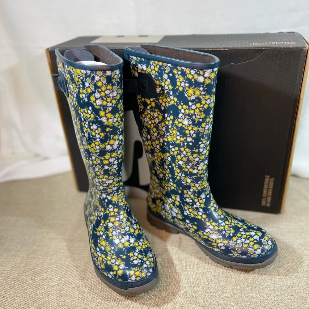 BOGS Womens Amelia Navy and Multi Color Floral Tall Rain Booโฆ - Picture 1 of 10